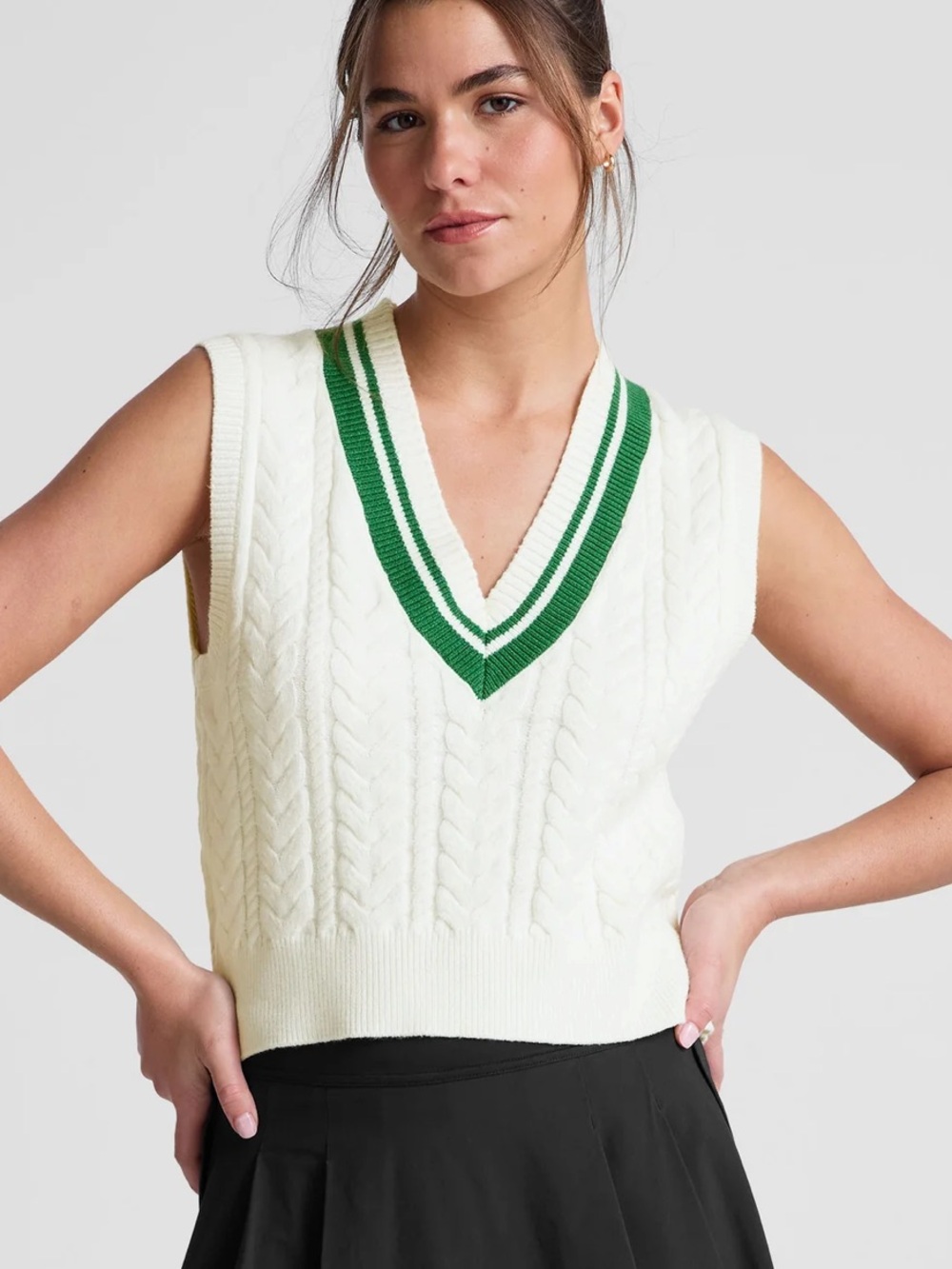 Beyond Yoga Cable Knit Vest with Green Trim - White